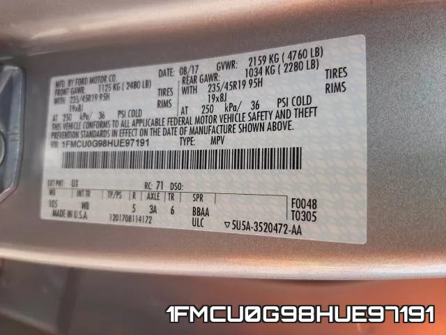 1FMCU0G98HUE97191 фото 2
