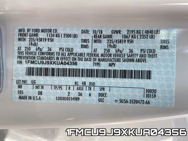 1FMCU9J9XKUA04356 фото 2
