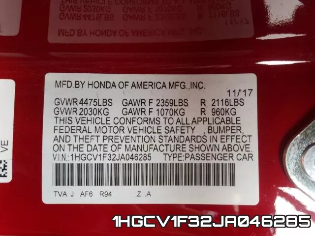 1HGCV1F32JA046285 фото 2