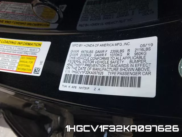 1HGCV1F32KA097626 фото 2