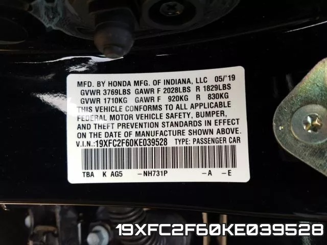 19XFC2F60KE039528 фото 2