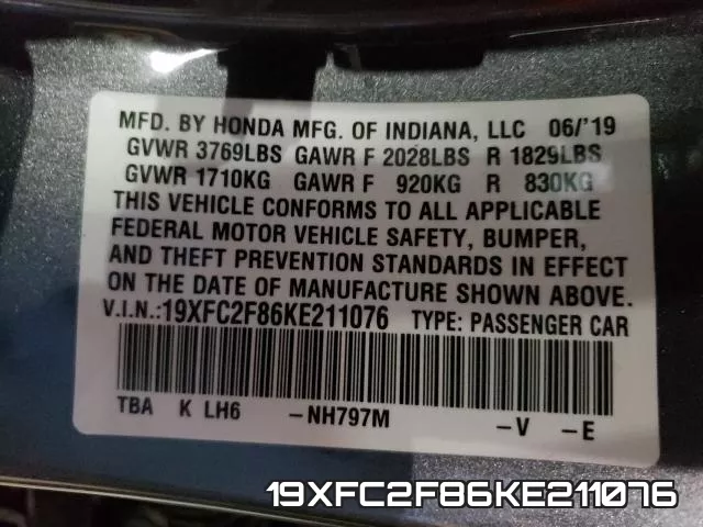 19XFC2F86KE211076 фото 2