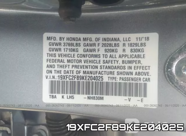 19XFC2F89KE204025 фото 10