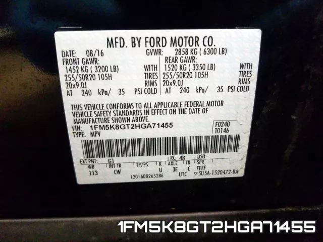 1FM5K8GT2HGA71455 фото 2