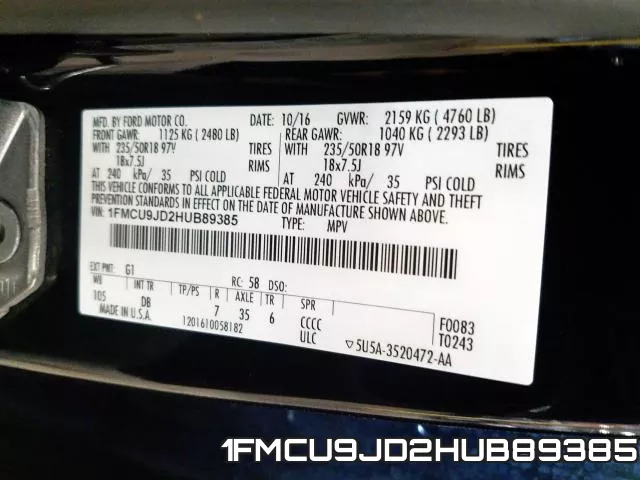 1FMCU9JD2HUB89385 фото 2