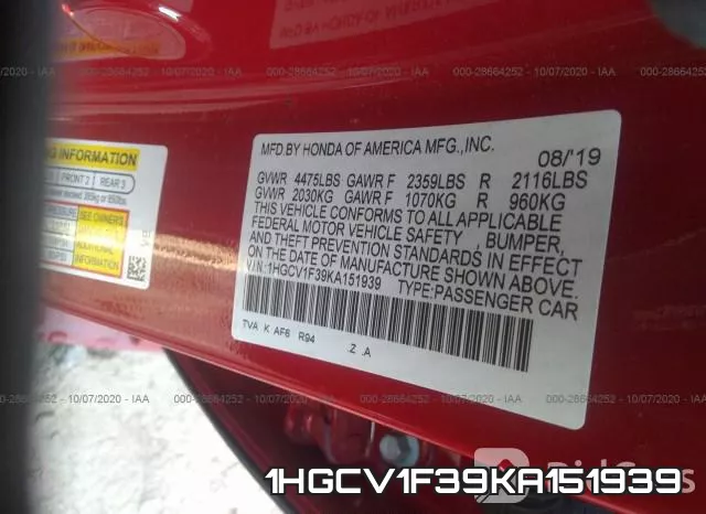 1HGCV1F39KA151939 фото 10