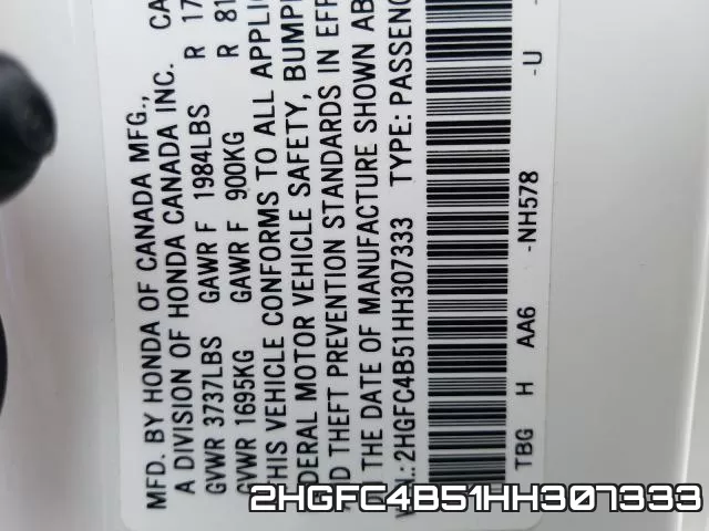 2HGFC4B51HH307333 фото 2