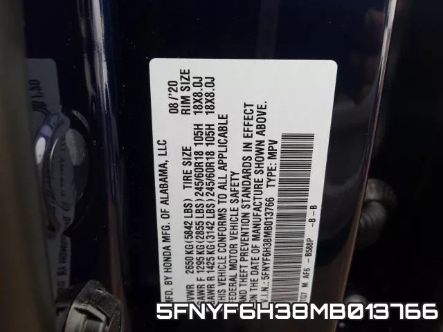 5FNYF6H38MB013766 фото 2