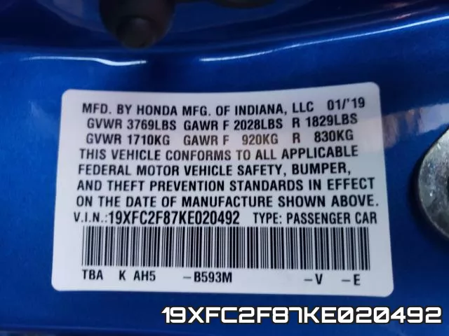 19XFC2F87KE020492 фото 2