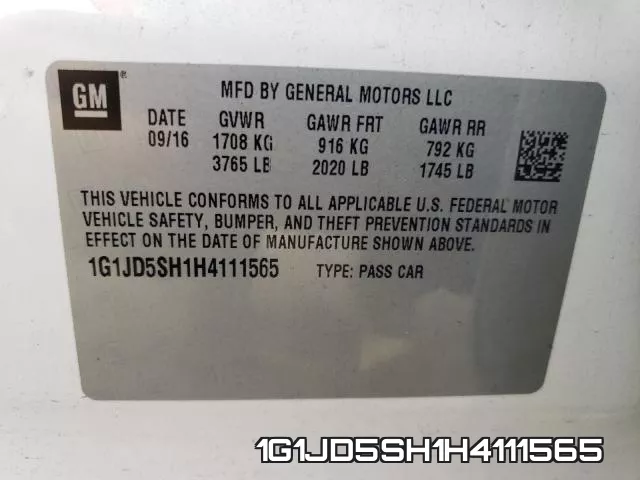 1G1JD5SH1H4111565 фото 2