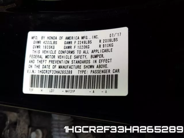 1HGCR2F33HA265289 фото 2