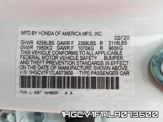 1HGCV1F17LA073600 фото 2