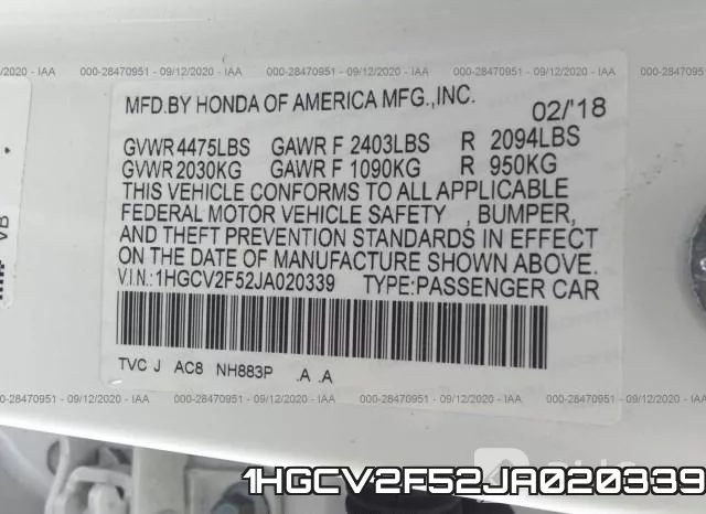 1HGCV2F52JA020339 фото 10