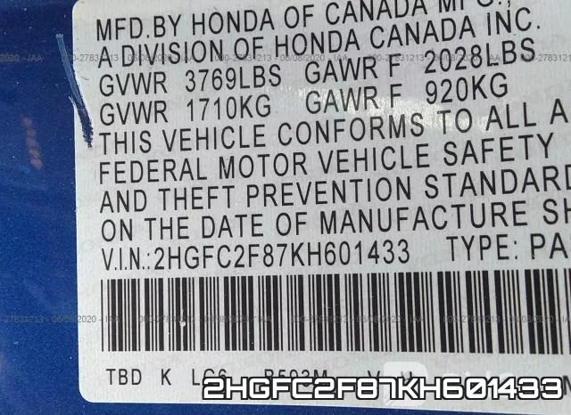 2HGFC2F87KH601433 фото 10