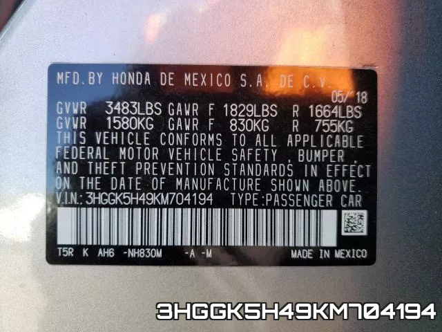 3HGGK5H49KM704194 фото 2