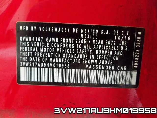 3VW217AU9HM019958 фото 2
