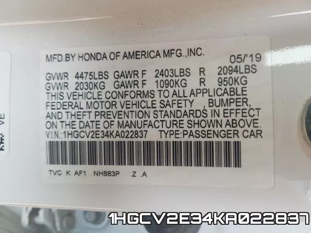 1HGCV2E34KA022837 фото 2