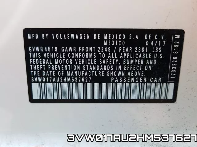 3VW017AU2HM537627 фото 2