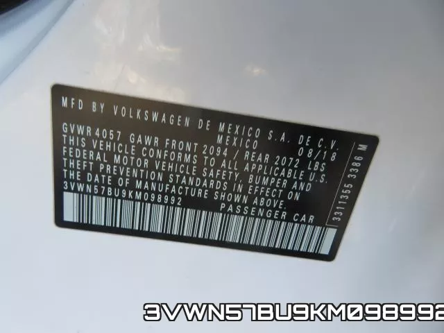 3VWN57BU9KM098992 фото 2
