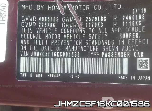 JHMZC5F16KC001536 фото 10