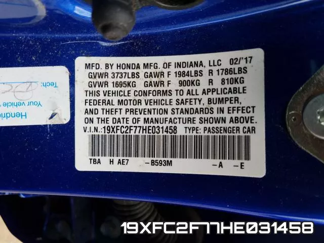 19XFC2F77HE031458 фото 2