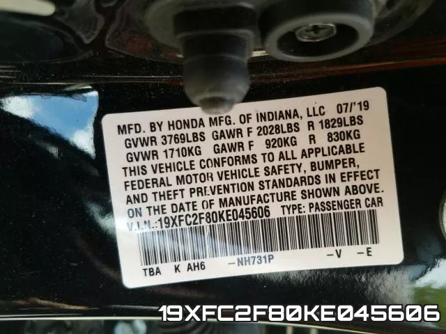 19XFC2F80KE045606 фото 2