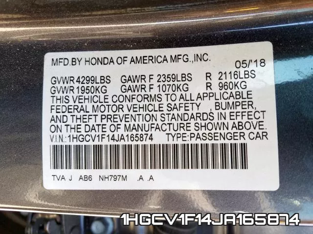 1HGCV1F14JA165874 фото 2