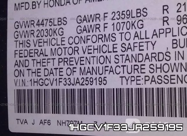 1HGCV1F33JA259195 фото 10