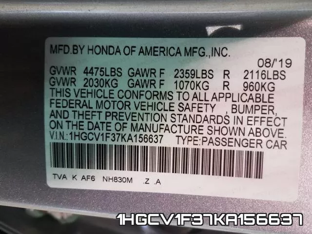 1HGCV1F37KA156637 фото 2