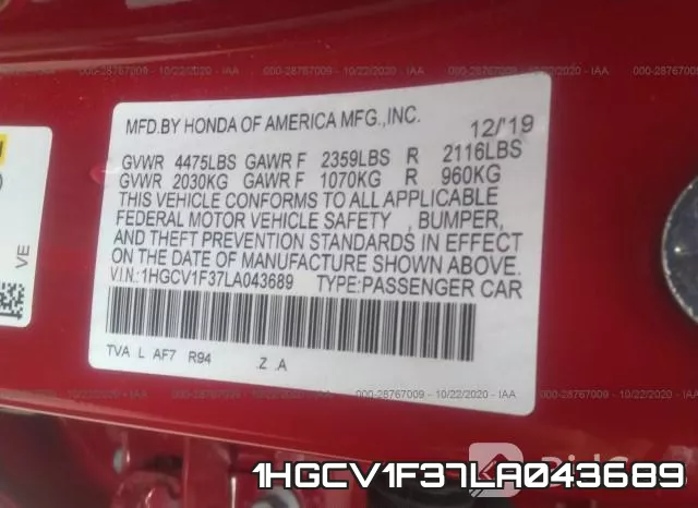 1HGCV1F37LA043689 фото 10