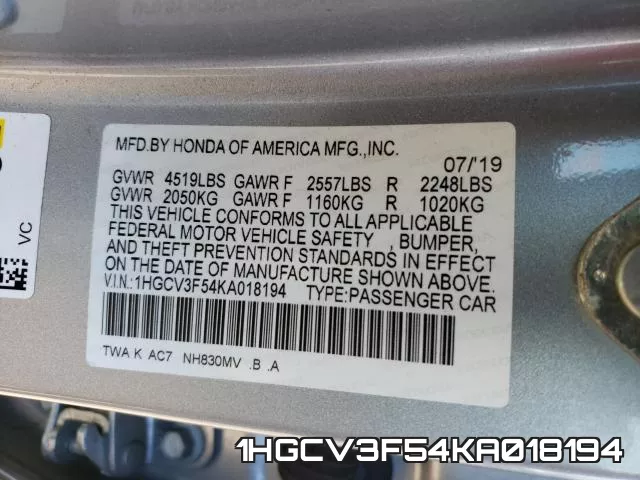 1HGCV3F54KA018194 фото 2