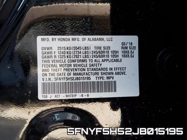 5FNYF5H52JB015195 фото 2