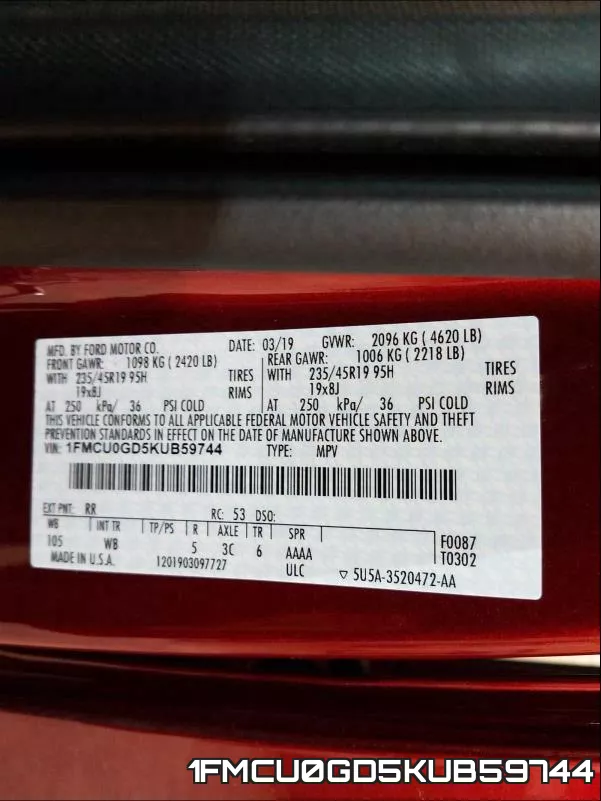 1FMCU0GD5KUB59744 фото 2