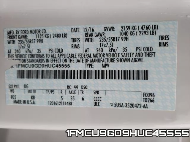 1FMCU9GD9HUC45555 фото 2