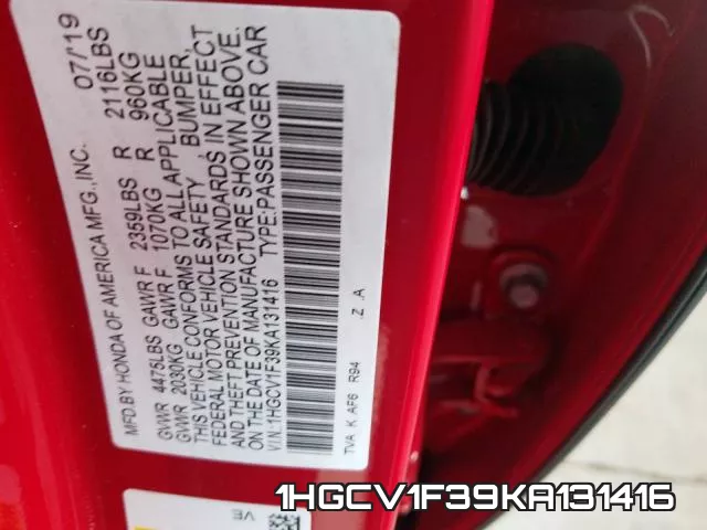 1HGCV1F39KA131416 фото 2