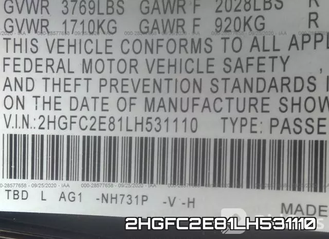 2HGFC2E81LH531110 фото 9