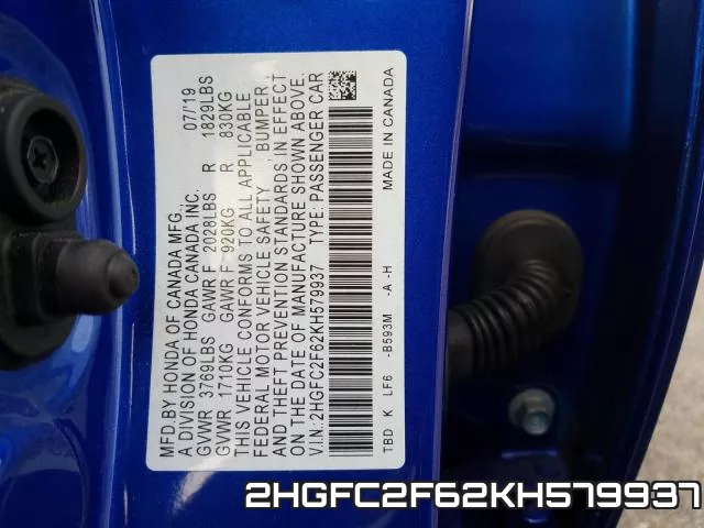 2HGFC2F62KH579937 фото 2