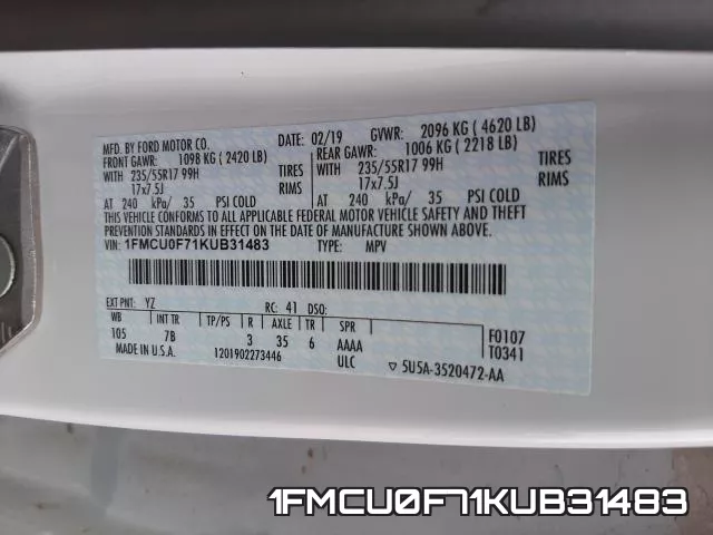 1FMCU0F71KUB31483 фото 2