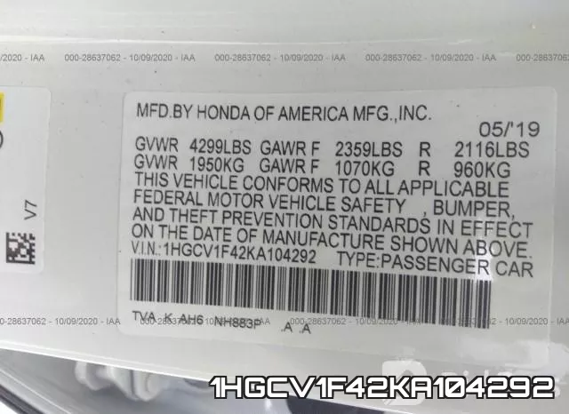 1HGCV1F42KA104292 фото 10