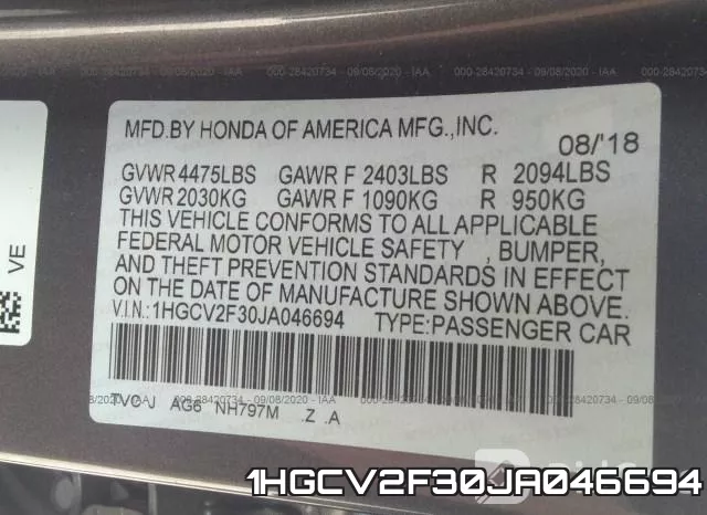 1HGCV2F30JA046694 фото 10