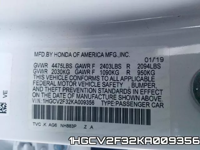 1HGCV2F32KA009356 фото 2