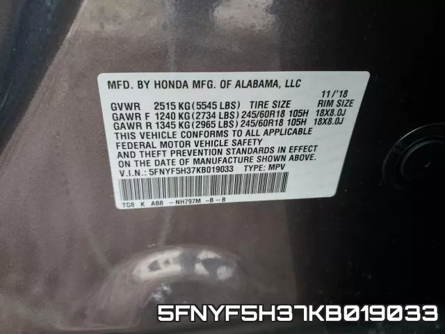 5FNYF5H37KB019033 фото 2