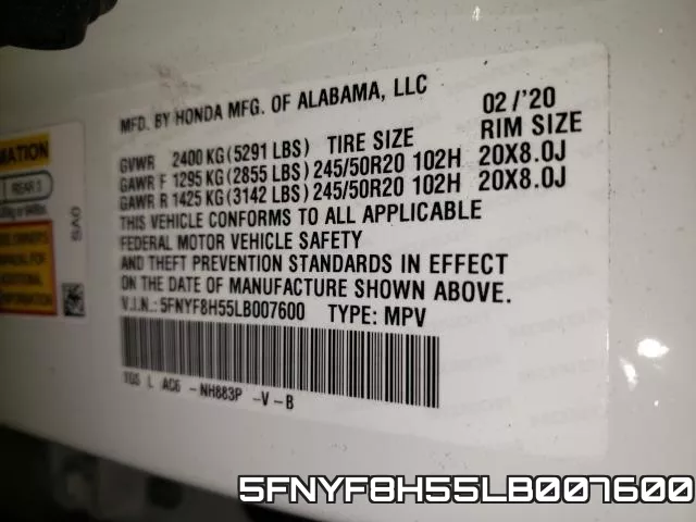 5FNYF8H55LB007600 фото 2