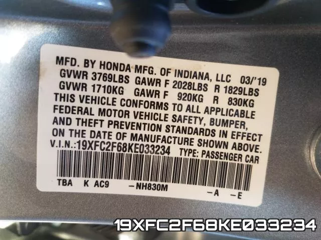 19XFC2F68KE033234 фото 2