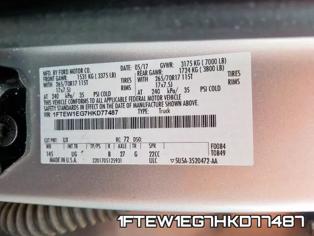 1FTEW1EG7HKD77487 фото 2