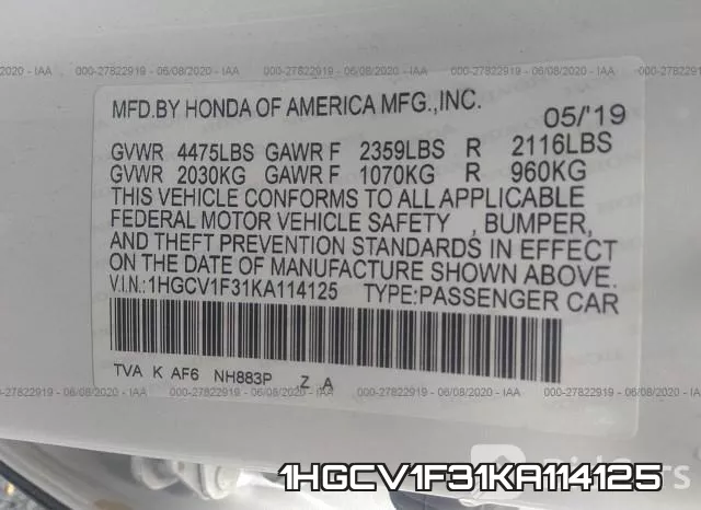 1HGCV1F31KA114125 фото 10
