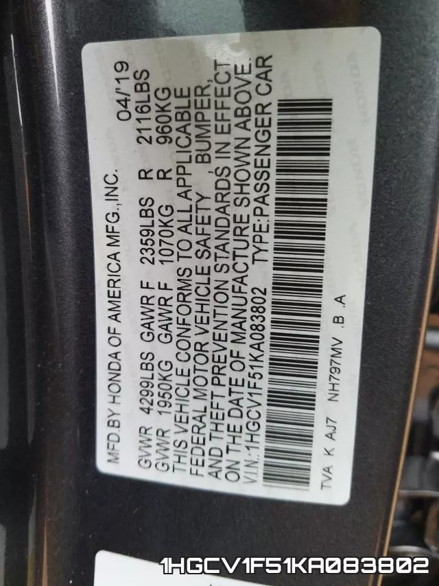 1HGCV1F51KA083802 фото 2