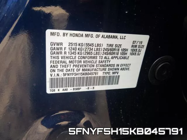 5FNYF5H15KB045791 фото 2