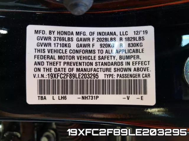 19XFC2F89LE203295 фото 2