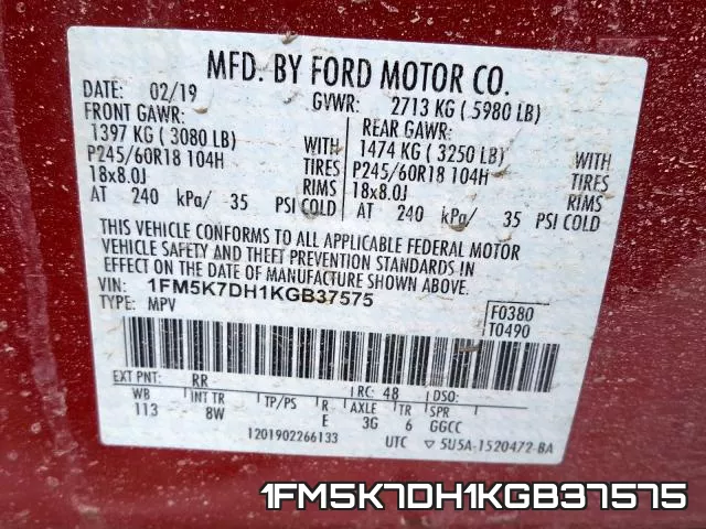 1FM5K7DH1KGB37575 фото 2